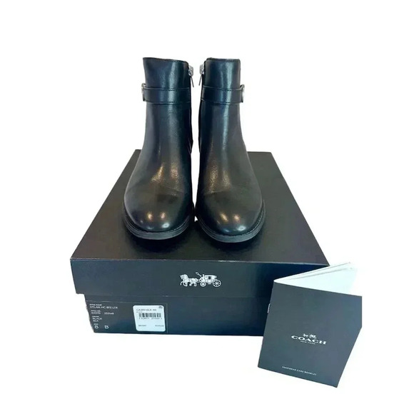 Coach Women's Black Leather Ankle Booties Size 8 Monogram Pull Tab - Picture 3 of 7